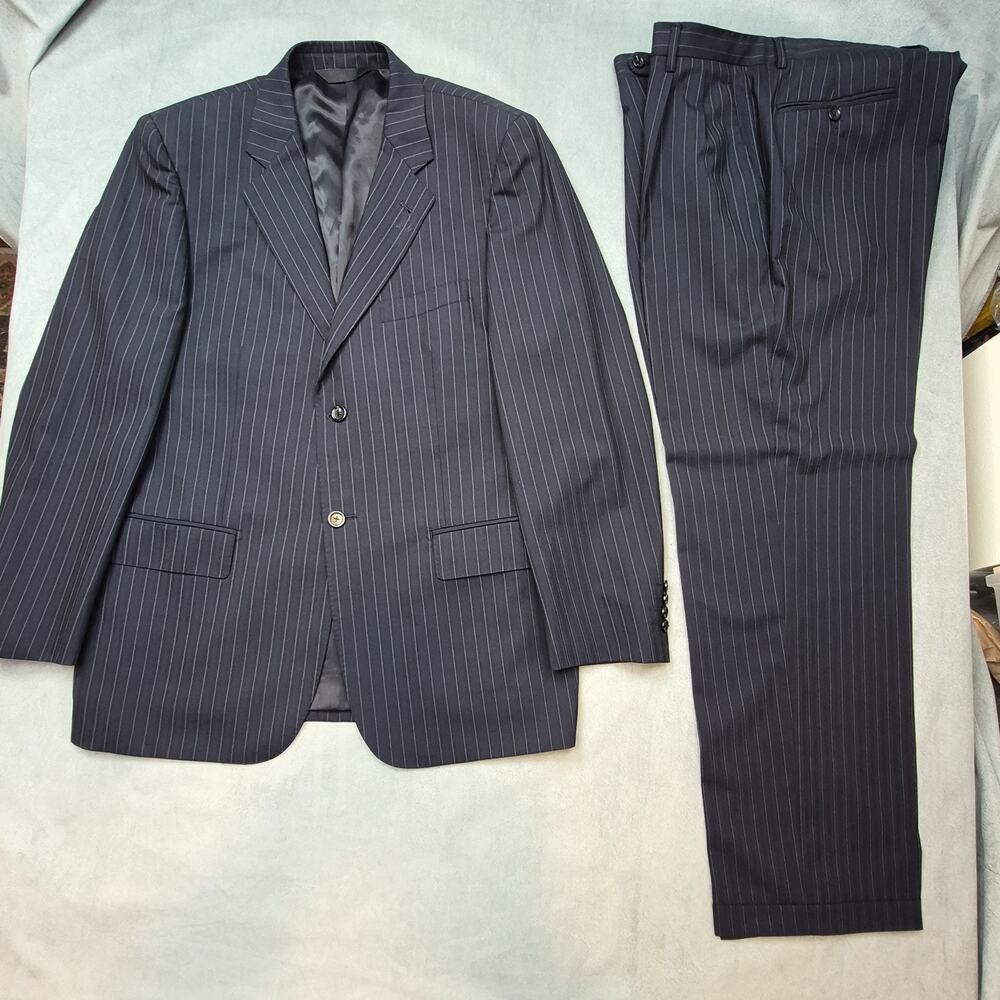 Baroni Couture Super 150s Wool Suit Navy Pinstripe 42R Mens Formal